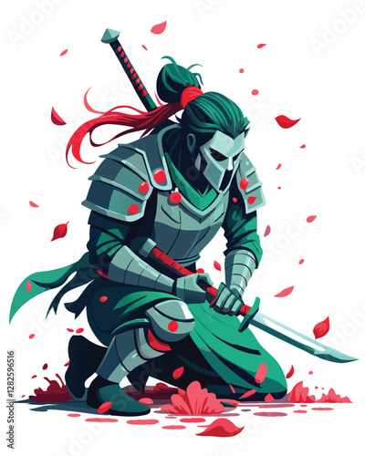 A defeated samurai, his armor shattered and broken, clutches a bloodied katana, lying amidst fallen cherry blossoms.  His face is obscured by shadow.