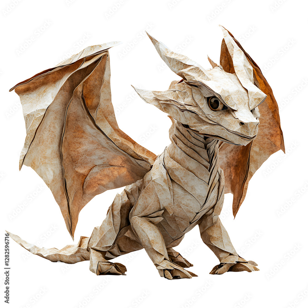 Fototapeta premium Intricate Paper Dragon Sculpture With Detailed Wings And Textured Body Shines Brightly In Display