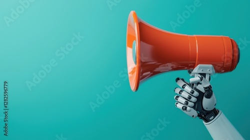 A robotic hand holds an orange megaphone against a turquoise background, symbolizing communication and technology.