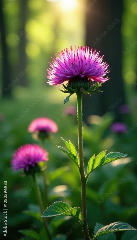 Obraz premium Dark purple knapweed blooms cluster in sun-dappled forest , wildflower meadow, environment
