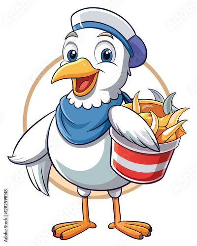 A comical seagull, absurdly wearing a miniature sailor hat, perched on a weathered dock.  High-resolution, detailed, humorous.