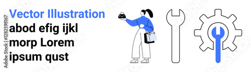 Woman examining object, cogwheel with wrench symbol. Ideal for technology, innovation, repair, engineering, problem-solving, industrial processes tools. Perfect for a flat landing page banner