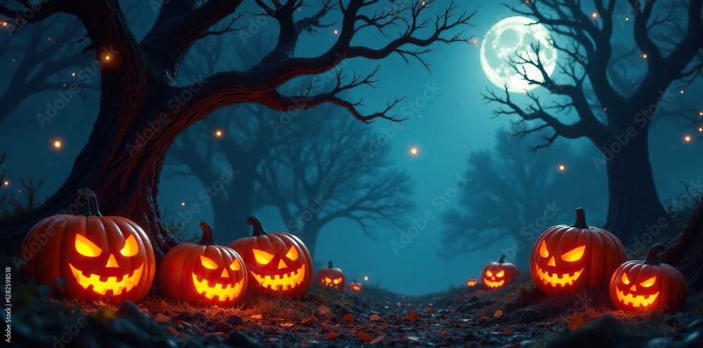 Spooky Halloween scene with lit up pumpkins and twisted trees, twisted tree, Halloween decoration Spooky Halloween scene with lit up pumpkins and twisted trees, twisted tree, Halloween decoration