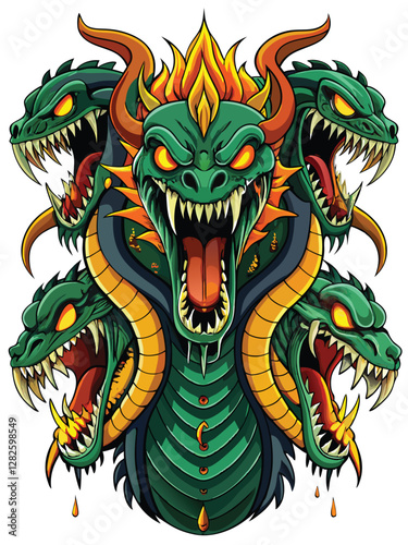 A terrifying multi-headed hydra, dripping venomous fangs, depicted in a dark, fantasy art style with intense detail.