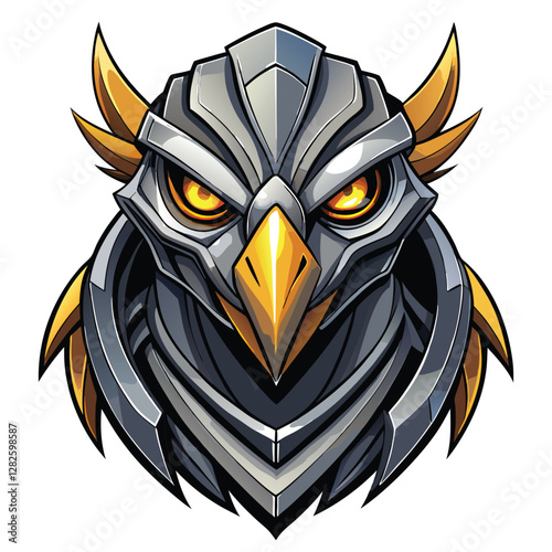 Design a futuristic eagle head, sleek robotic metal exoskeleton, piercing eyes, sharp metallic beak, intricate circuitry details, chrome finish.