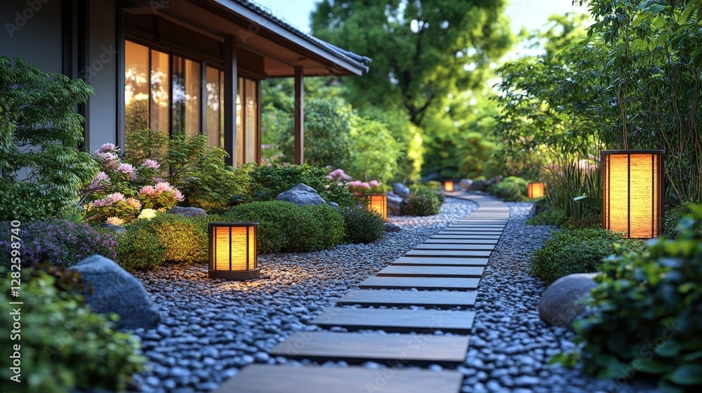 Obraz premium Tranquil Japanese Garden Pathway with Stone Lanterns at Twilight Serene Zen Garden with Illuminated Walkway Featuring Lush Greenery
