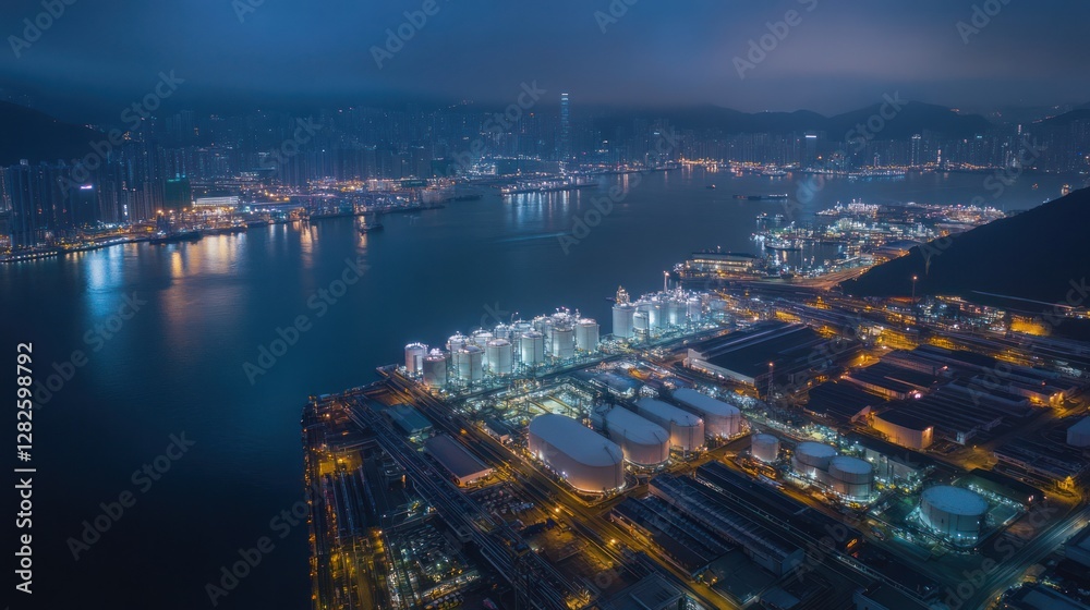 Fototapeta premium Night industrial harbor, city skyline, energy production, water reflection, aerial view