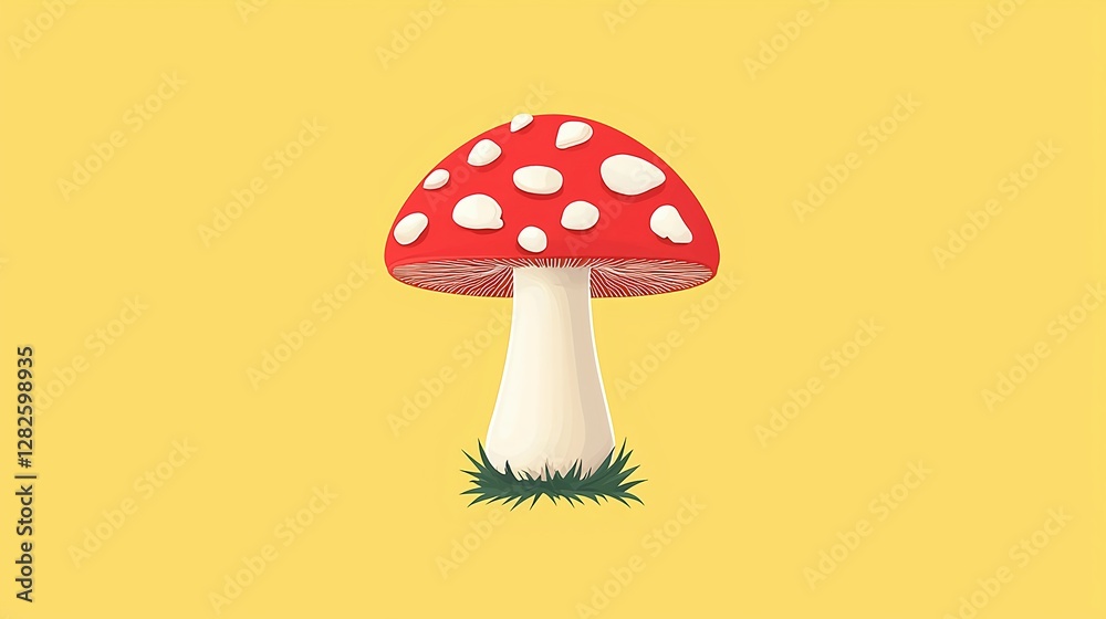 Vibrant Red Mushroom with White Spots on Yellow Background Vibrant Red Mushroom with White Spots on Yellow Background