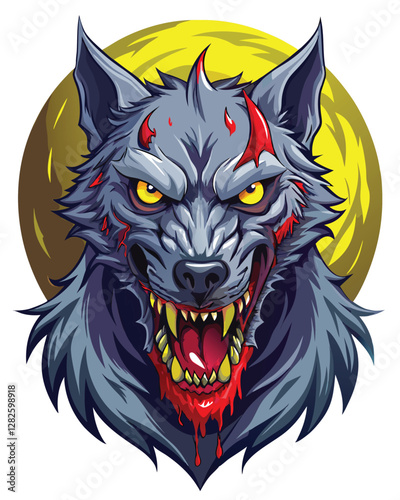A terrifying, close-up image of a monstrous wolf's head, its fangs dripping with blood, set against a dark, ominous background.