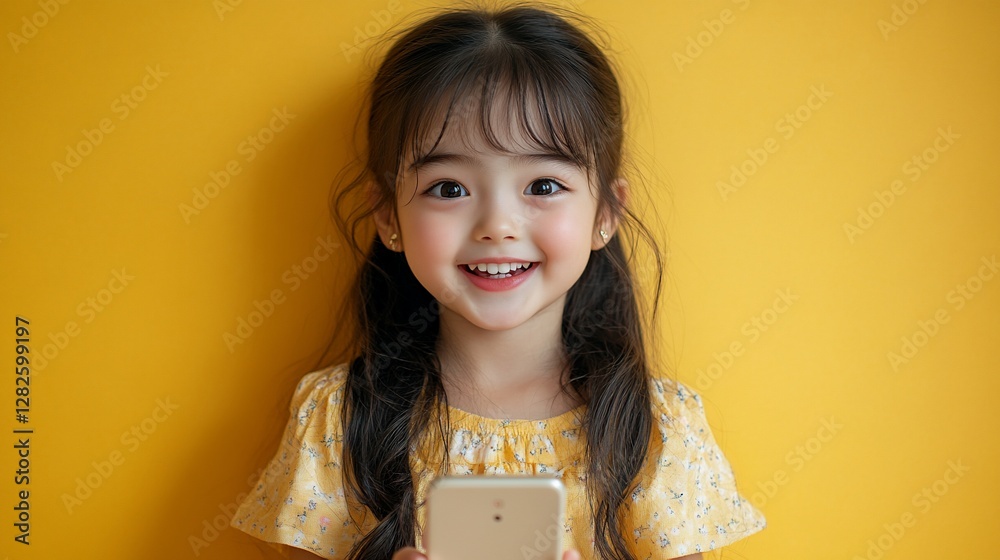Happy Little Girl Smiling While Holding a Smartphone Against Yellow Background Happy Little Girl Smiling While Holding a Smartphone Against Yellow Background