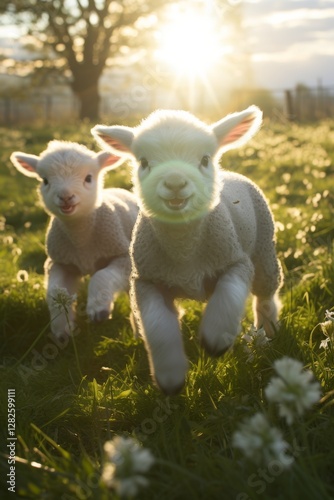 Lambs frolicking through field under sun photo