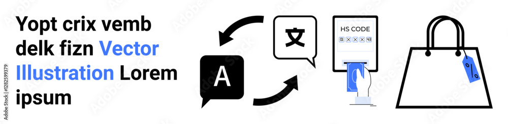 Language translation icons with revolving arrows, barcode scanning on a payment receipt, and a shopping bag with a tag. Ideal for e-commerce, payment, translation, retail, technology, marketing flat Language translation icons with revolving arrows, barcode scanning on a payment receipt, and a shopping bag with a tag. Ideal for e-commerce, payment, translation, retail, technology, marketing flat