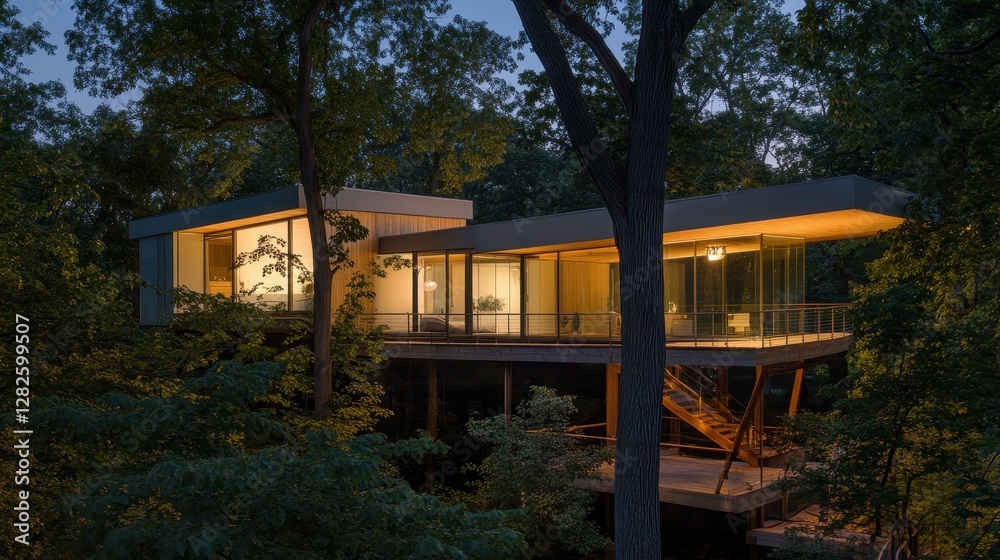 A modern, elevated house surrounded by trees, illuminated at night, showcasing a blend of nature and contemporary architecture. A modern, elevated house surrounded by trees, illuminated at night, showcasing a blend of nature and contemporary architecture.