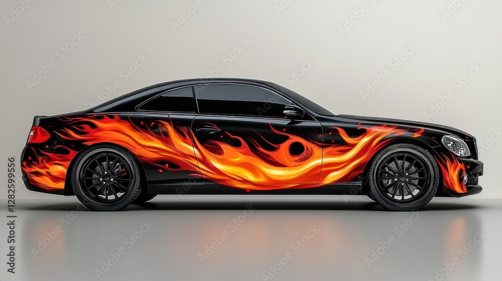 Obraz premium Black coupe with vibrant flame graphic wrap design.