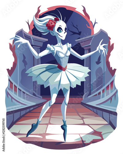 Ethereal ballerina, ghostly white, cracked porcelain face, tattered tutu, dark background, ethereal lighting, sorrowful expression.