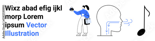 Woman carrying microphone, side-view breathing diagram, and musical note illustrating vocal exercises, speaking, sound creation, self-expression, education, music and wellness. Ideal for flat
