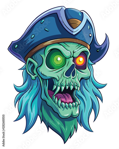 A gruesome, detailed rendering of a decaying pirate's head, half-fleshed, revealing skull and bone, with tattered remnants of a pirate's hat.