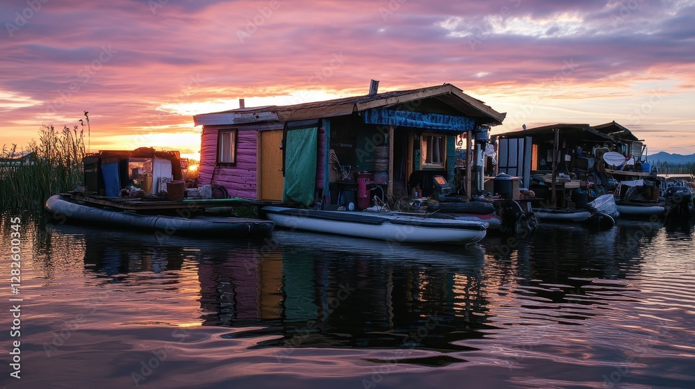 A vibrant sunset reflects off calm waters, showcasing colorful houseboats moored along the shore, surrounded by lush greenery. A vibrant sunset reflects off calm waters, showcasing colorful houseboats moored along the shore, surrounded by lush greenery.