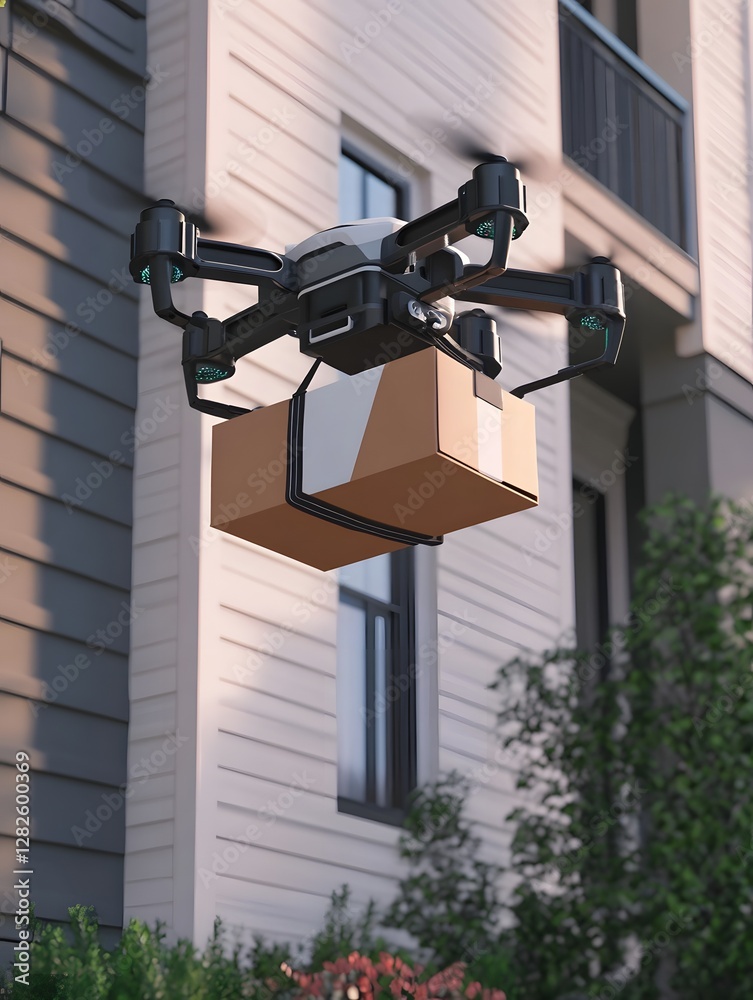 Delivery Drone Drops Package at Suburban Doorstep Showcasing Efficient AI-Driven Logistics