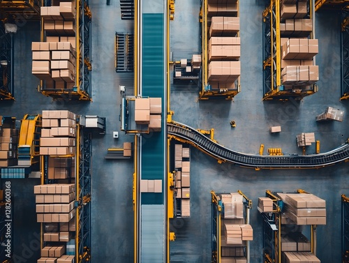 Futuristic Aerial View of Automated High-Tech Warehouse with Parcels Sorting Conveyor Belts