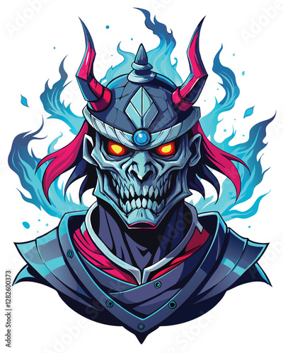Create a digital painting of a spectral samurai warrior's head, weathered and cracked, with visible bone and ethereal energy.  Emphasis on detail and texture.