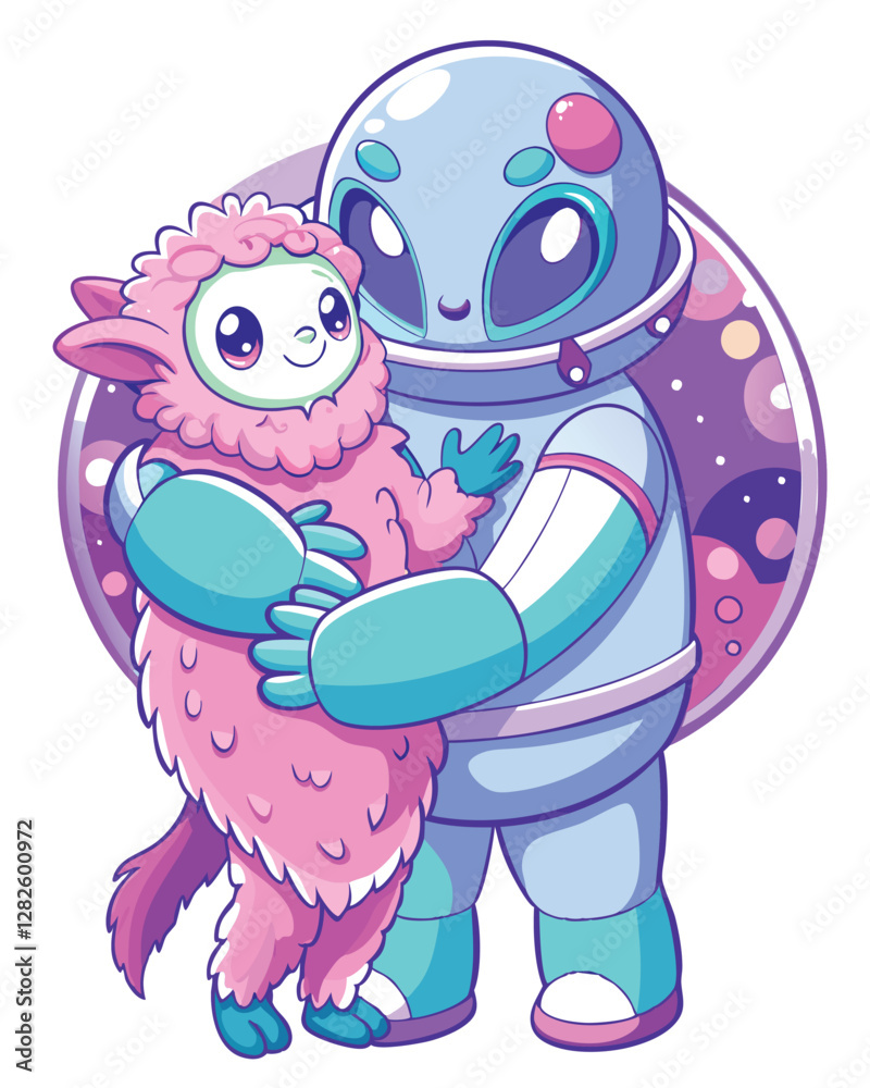 Obraz premium A colossal, fluffy, extraterrestrial being with diminutive wings tenderly embraces a small, frightened puppy.