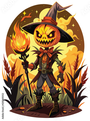 A terrifying scarecrow, charred and ragged, clutching a flaming pumpkin, dominates a dark, moonlit field.  Its eyes glow menacingly.
