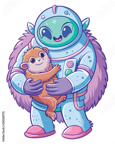 A colossal, fluffy, extraterrestrial being with minuscule wings tenderly embracing a small, frightened human child.