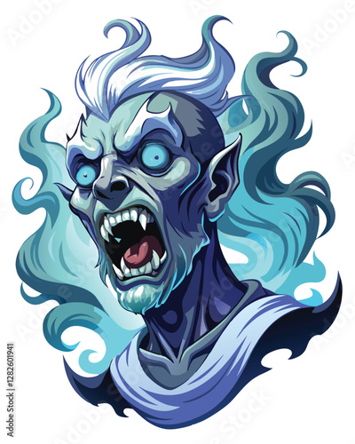 Render a terrifying banshee head, close-up, at night; hollow, black eyes, ghastly pale skin, wild, tangled hair, sharp teeth.