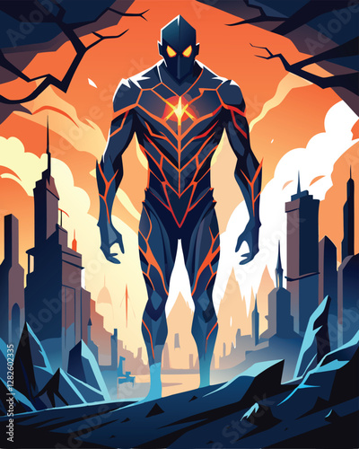 A colossal, shadowy humanoid figure, its form fractured by glowing, ethereal cracks, looms against a dark, undefined background.  Render in high detail.