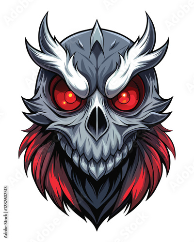 Render a terrifying owl skull, deeply hollowed, with vibrant, glowing red eyes; emphasizing nightmarish details and textures.