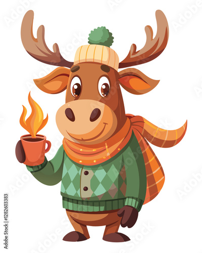 A cartoon moose with a comically large handlebar mustache, wearing overalls, happily holding a giant carrot.