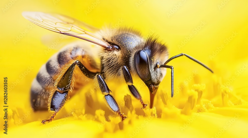 A close-up of a bee collecting pollen from a vibrant yellow flower, showcasing intricate details of its body and wings. A close-up of a bee collecting pollen from a vibrant yellow flower, showcasing intricate details of its body and wings.
