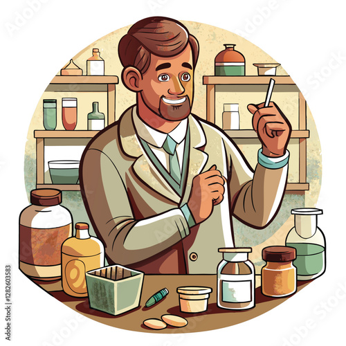 A pharmacist meticulously measures medication using a precise scale, focused expression highlighting accuracy and care.
