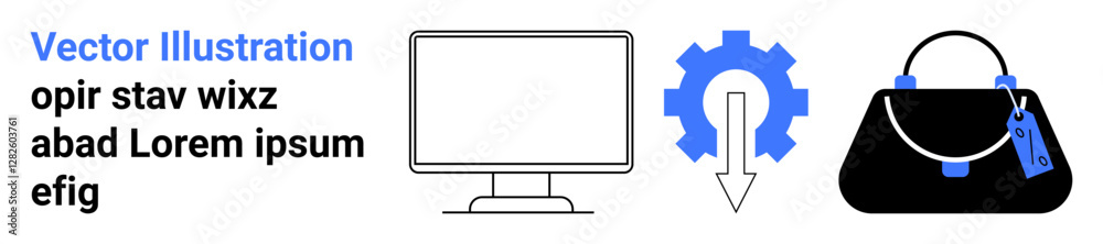 Computer monitor, gear with downward arrow, and handbag with tags. Ideal for technology, automation, retail, ecommerce, shopping digital marketing data solutions. Perfect as flat landing page Computer monitor, gear with downward arrow, and handbag with tags. Ideal for technology, automation, retail, ecommerce, shopping digital marketing data solutions. Perfect as flat landing page