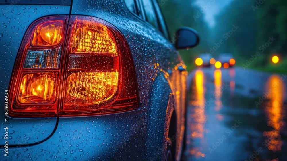 custom made wallpaper toronto digitalCar taillight glows in rain on roadside with blurred traffic. Road safety image