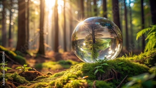 Crystal Glass Globe Amidst Forest Greens, earthy tones, natural world,  earthy tones, natural world, leafy greens, foliage