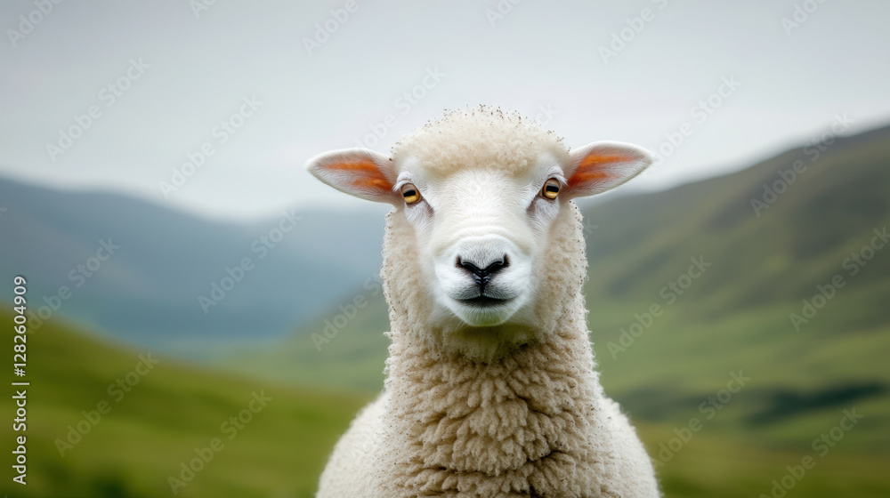 close up of white sheep face, showcasing its calm expression and fluffy wool against blurred green landscape. sheep appears curious and serene in its natural habitat close up of white sheep face, showcasing its calm expression and fluffy wool against blurred green landscape. sheep appears curious and serene in its natural habitat