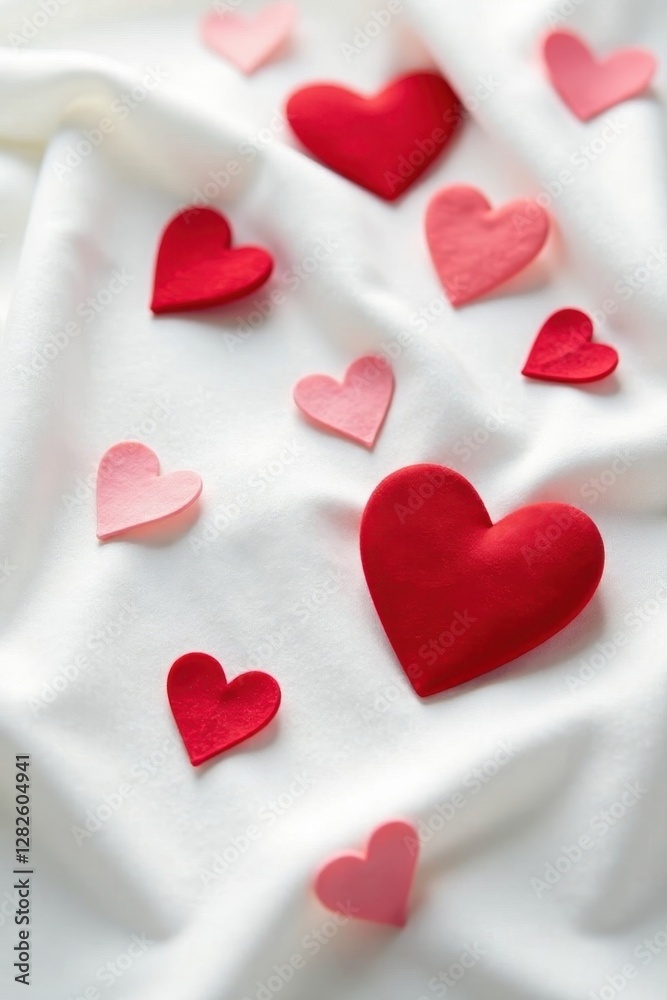 Scattered red & white hearts on pristine white fabric , aesthetic, background, valentines Scattered red & white hearts on pristine white fabric , aesthetic, background, valentines