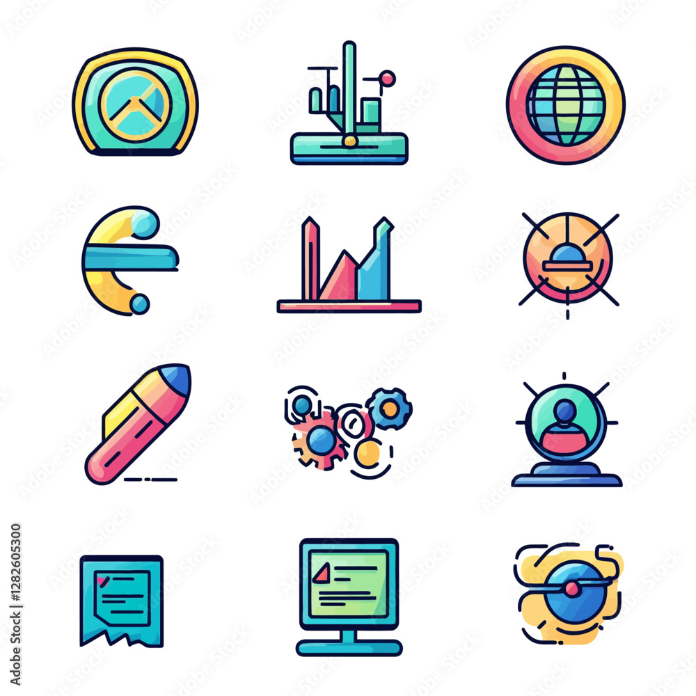 Business Analytics Icon Set - Data Visualization, Global Communication, Tech Business Analytics Icon Set - Data Visualization, Global Communication, Tech