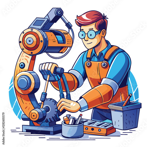 A focused robotics engineer meticulously assembles a complex mechanical arm, using specialized tools in a clean, high-tech lab setting.
