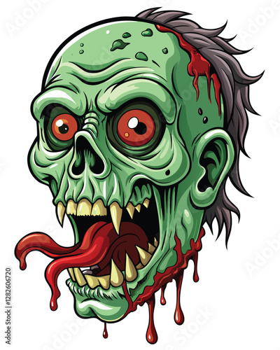 A detailed close-up of a decaying zombie head, half its skull exposed, revealing bone and rotting flesh.  Focus on texture and decay.