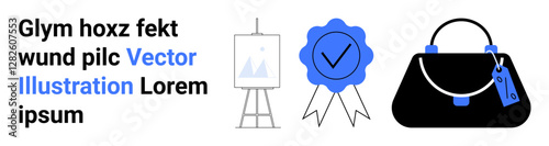 Easel with displayed artwork, certification badge with checkmark, stylish handbag with tag. Ideal for branding, quality assurance, fashion, art gallery, retail, e-commerce flat landing page banner