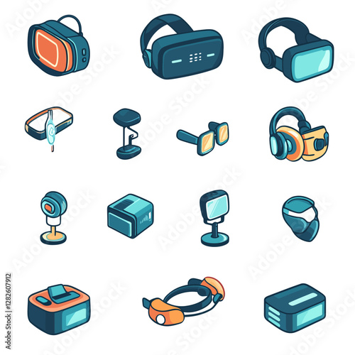 Cartoonish Isometric Set of Virtual Reality and Gaming Tech Gadgets