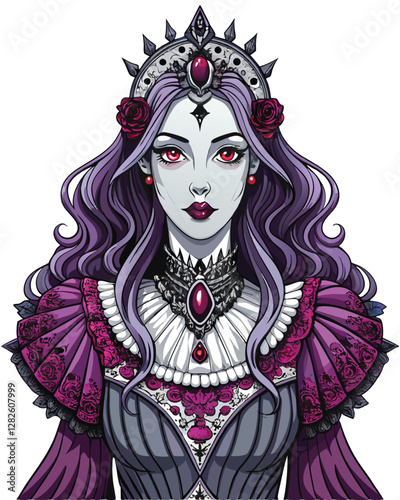 A portrait of a gothic queen, pale face, dark eyes, wearing an elaborate black lace gown, dramatic lighting, intricate details.