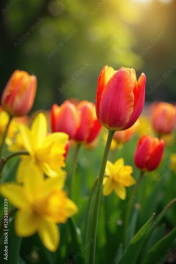 Vibrant tulips and daffodils in a sunlit garden , bright, flowers, photography Vibrant tulips and daffodils in a sunlit garden , bright, flowers, photography