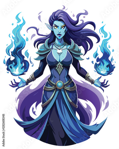 A gothic sorceress, pale skin, dark flowing robes, intricate glowing blue tattoos on her arms and face, mystical ambiance, dramatic lighting.