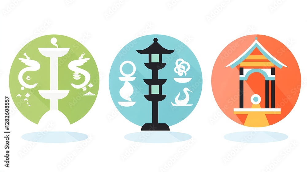 Stylized Asian Elements with Fountain, Pagoda, and Garden Decor Stylized Asian Elements with Fountain, Pagoda, and Garden Decor