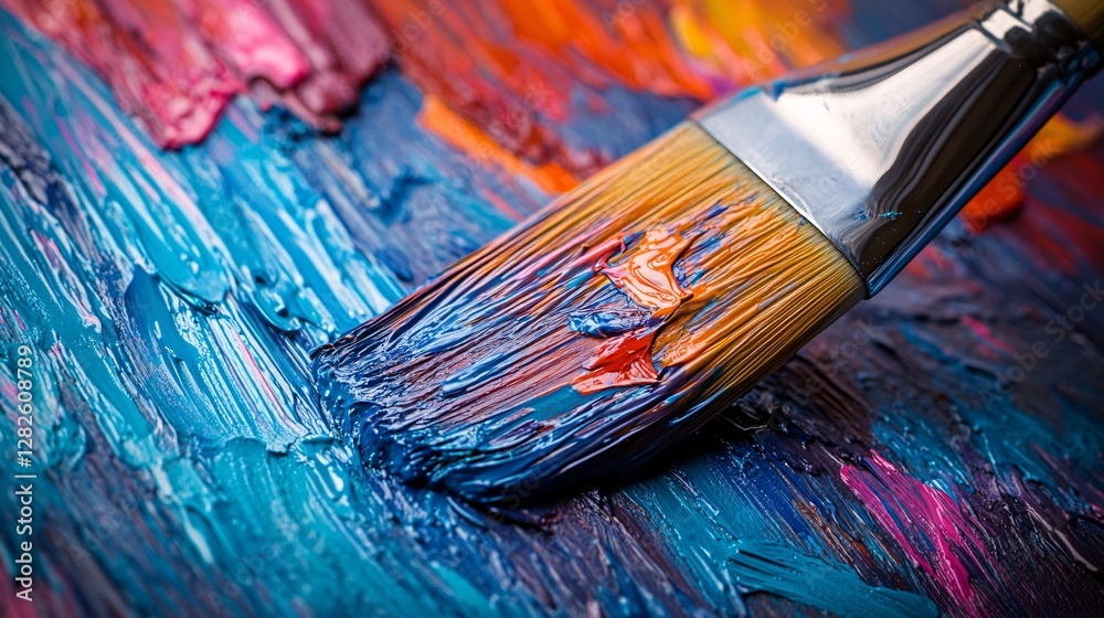 Fototapeta premium The paintbrush applies oil paint to create vibrant abstract colors