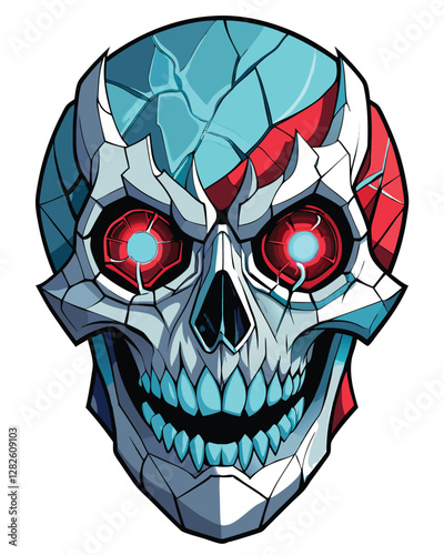 A shattered porcelain mask, revealing a monstrous, grotesque face beneath; cracked porcelain shards, dark shadows, eerie lighting.